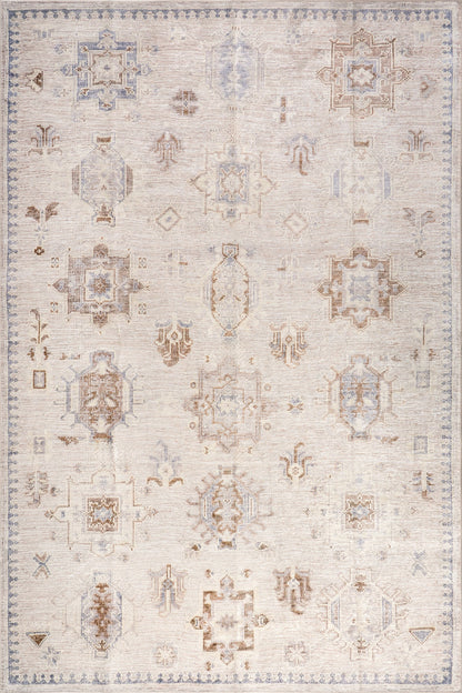 Isolated view of Beige Round Brenda Hazy Heraldry Spill Proof Washable Rug, showcasing its design