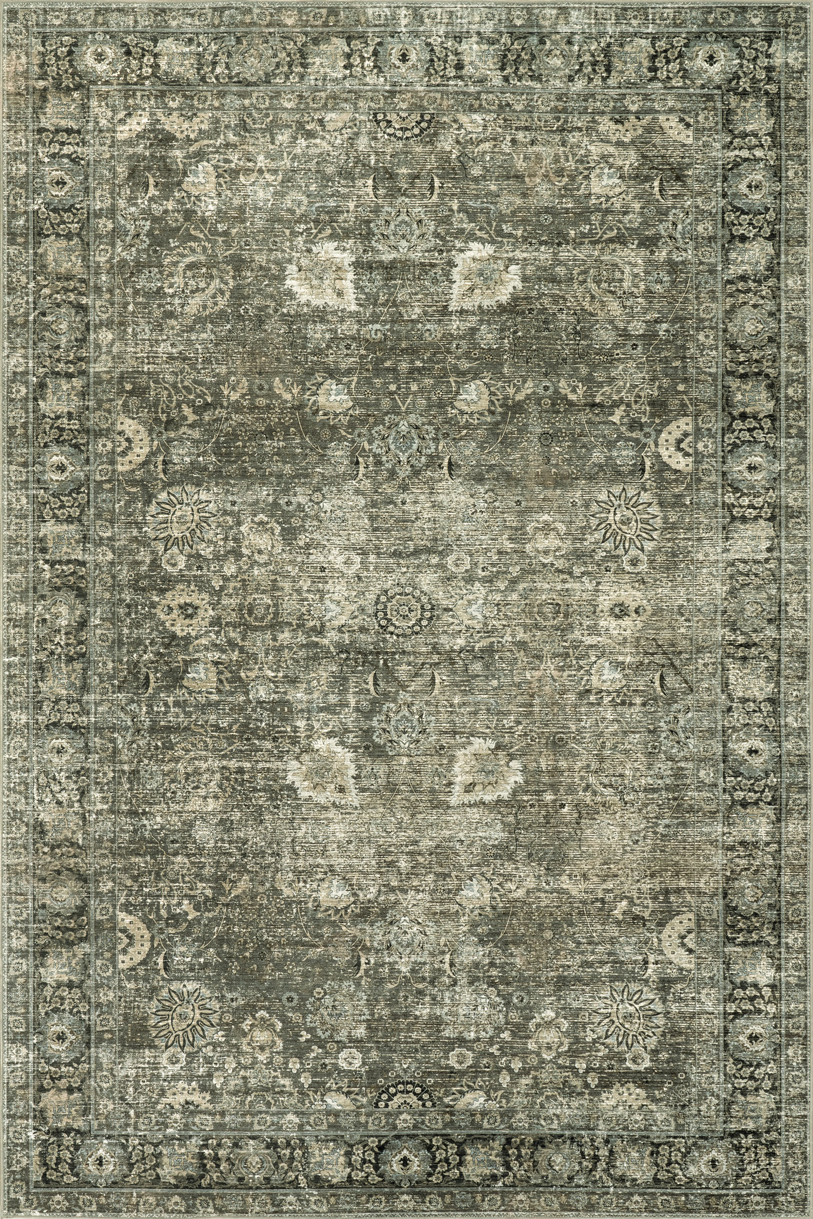 Isolated view of Green Grey Rectangle Bayberry Spill Proof Vintage Washable Rug, showcasing its design