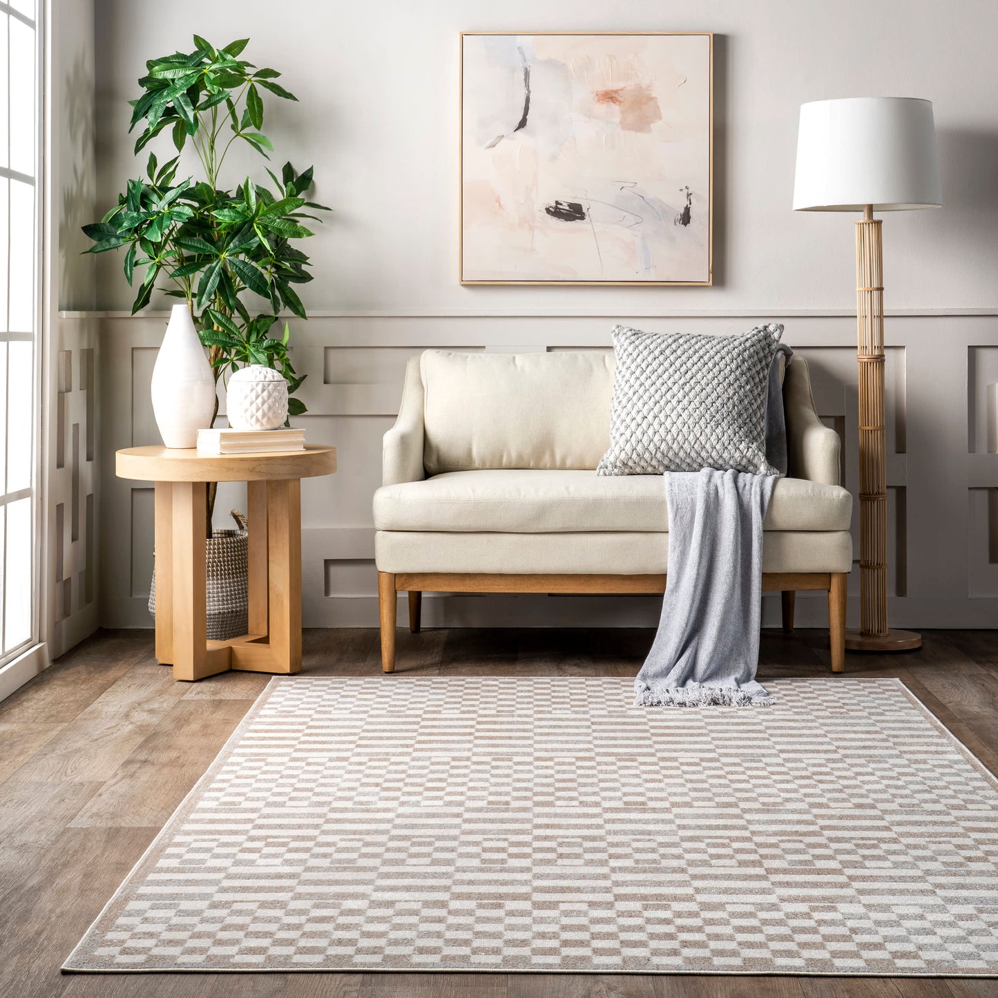 Kallie Machine Washable Beige Tiled Rug