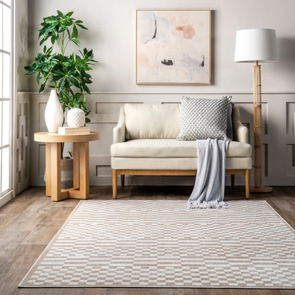 Kallie Machine Washable Beige Tiled Rug