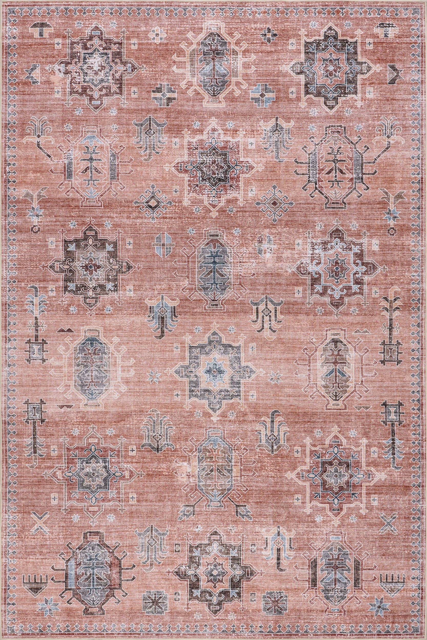 Isolated view of Pink Rectangle Brenda Hazy Heraldry Spill Proof Washable Rug, showcasing its design
