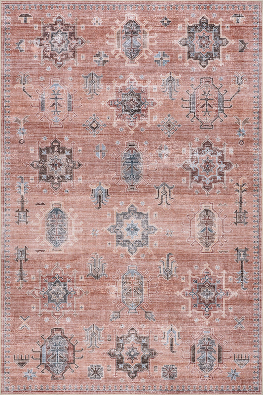Isolated view of Pink Rectangle Brenda Hazy Heraldry Spill Proof Washable Rug, showcasing its design