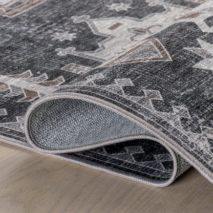 Brenda Hazy Heraldry Spill-Resistant Washable Rug | Dark Grey